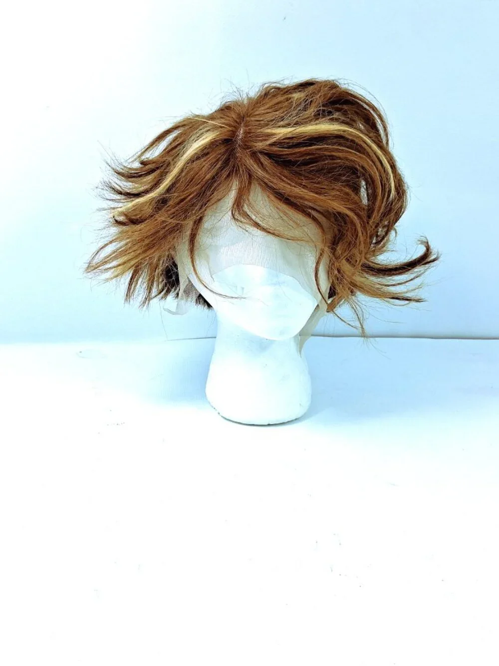 Wig Short Layered Bob Auburn Strawberry Blonde Highlights Lace Front